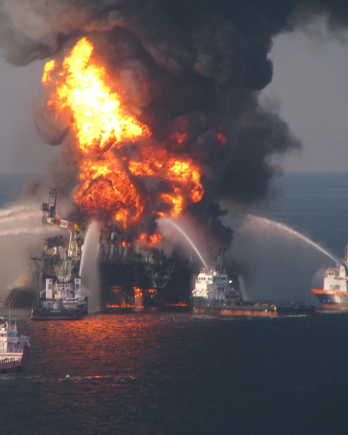 Offshore oil platform on fire at sea